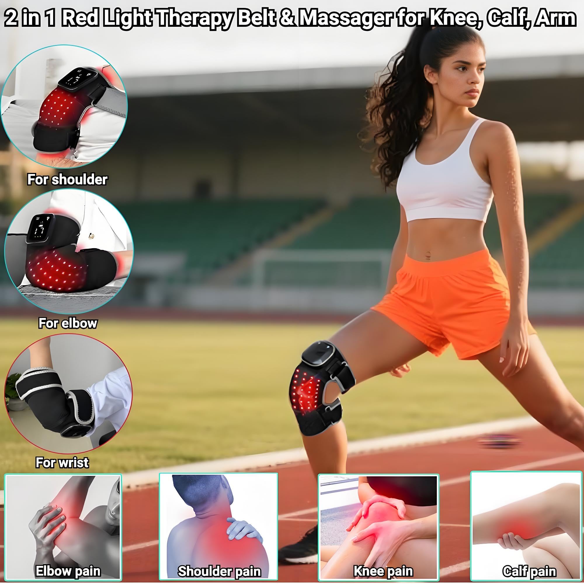 Genouillère de luminothérapie rouge chauffante et massante - 96 LED (660 nm et 850 nm), 6 modes d'éclairage et 5 modes de massage, rechargeable, sangle réglable pour soulager les douleurs du genou