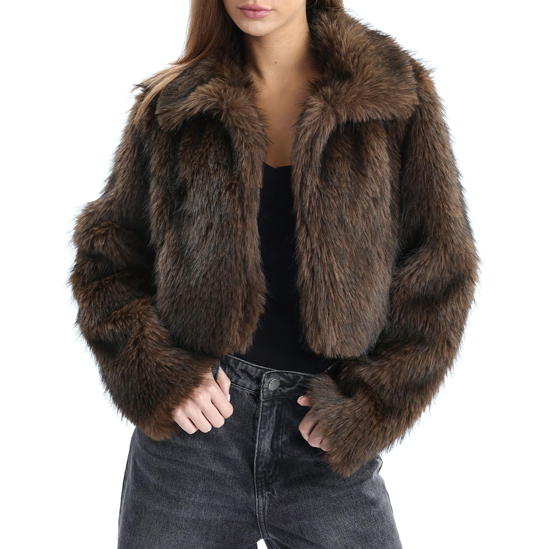 Amazhiyu Cappotto di pelliccia da donna in pelliccia sintetica, cappotto in pelliccia sintetica, giacca in pelliccia, giacca corta, giacca invernale, cappotto, colletto aperto con tasche