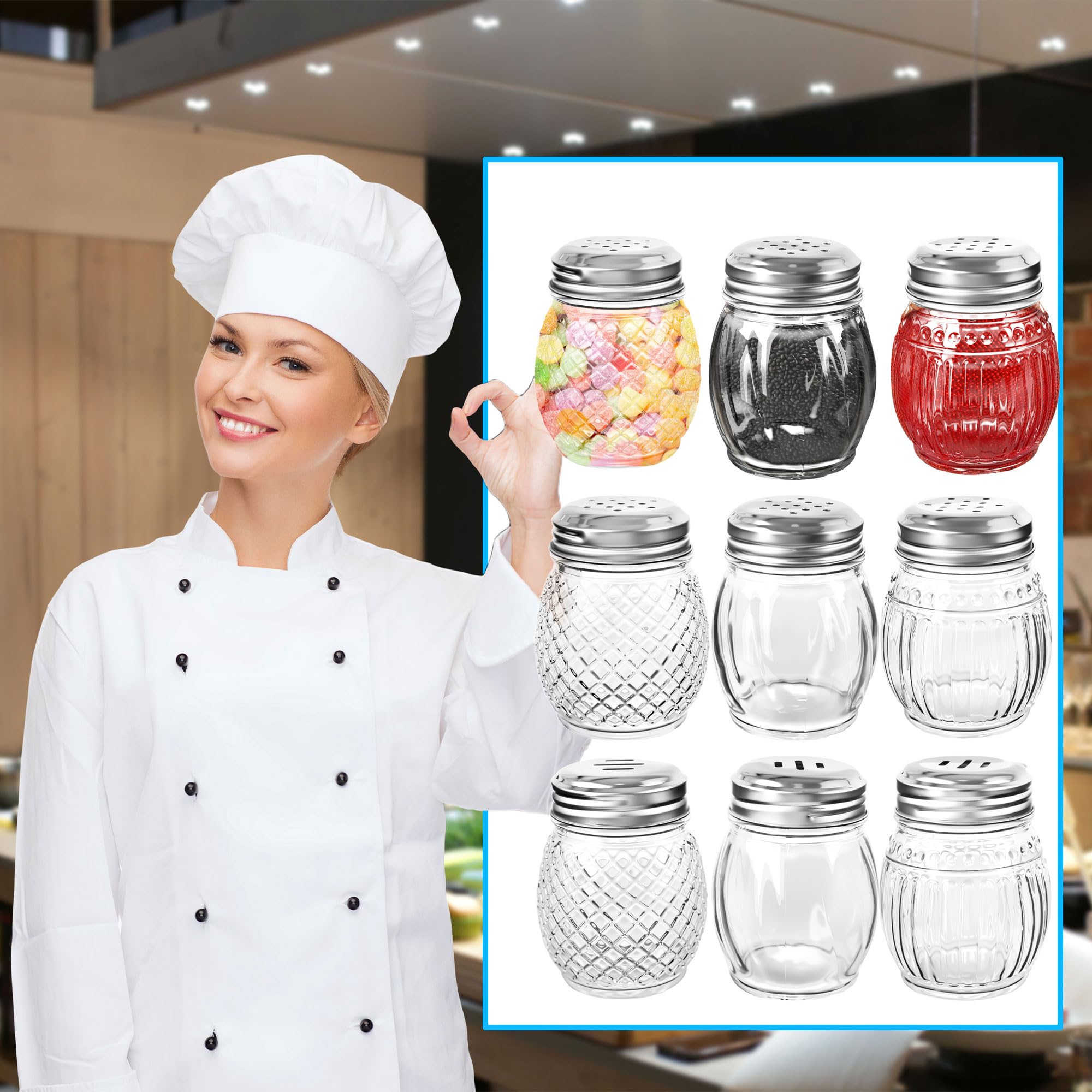 Paquete de 24 cocteleras de especias de vidrio de 6 onzas con tapa perforada de acero inoxidable transparente, salero y pimentero para el hogar, cocina, restaurante, suministros