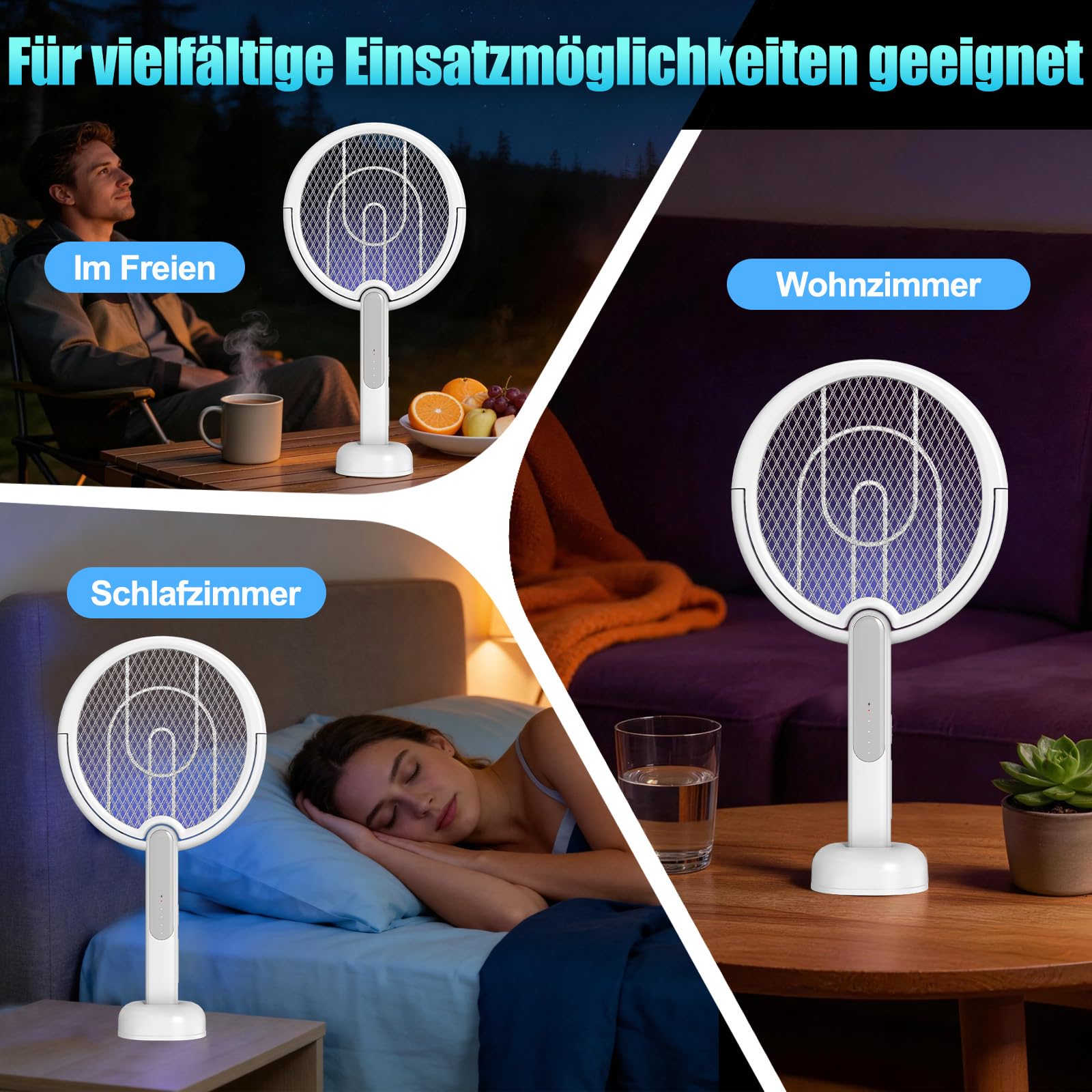 Elektrische Fliegenklatsche, 4000V Insektenvernichter mit Teleskopstange，1800mAh Akku, 2-in-1 USB-C Mückenfalle mit Rotierendem Kopf und Ladestation, für Innen und Außen