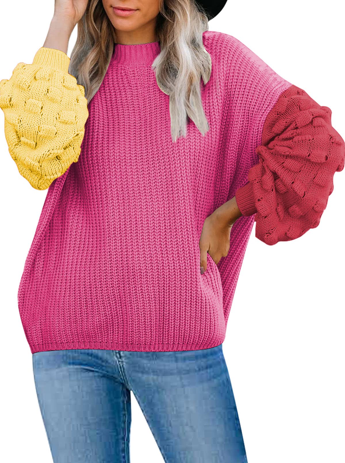 Women's Chunky Knit Sweater - Oversized Crewneck, Puff Sleeves, Stripe Pattern (White-Pink-Light Blue) - View #3