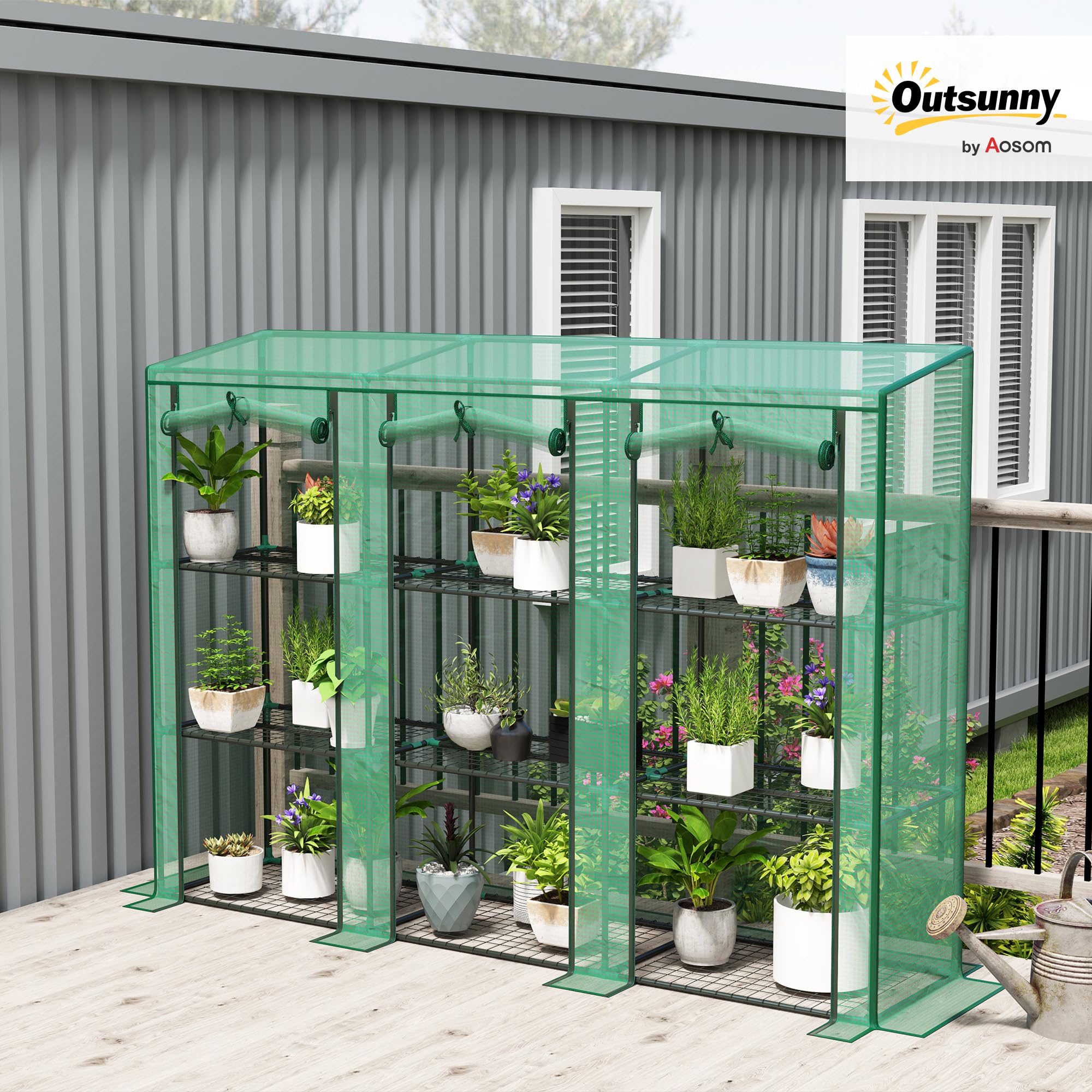 Outsunny Serra mini appoggiata Copertura in PE 215x46x151 cm Verde | Rinforzata, portatile, serra da interno/esterno, 3 porte a rotolo, 3 piani 9 mensole in filo
