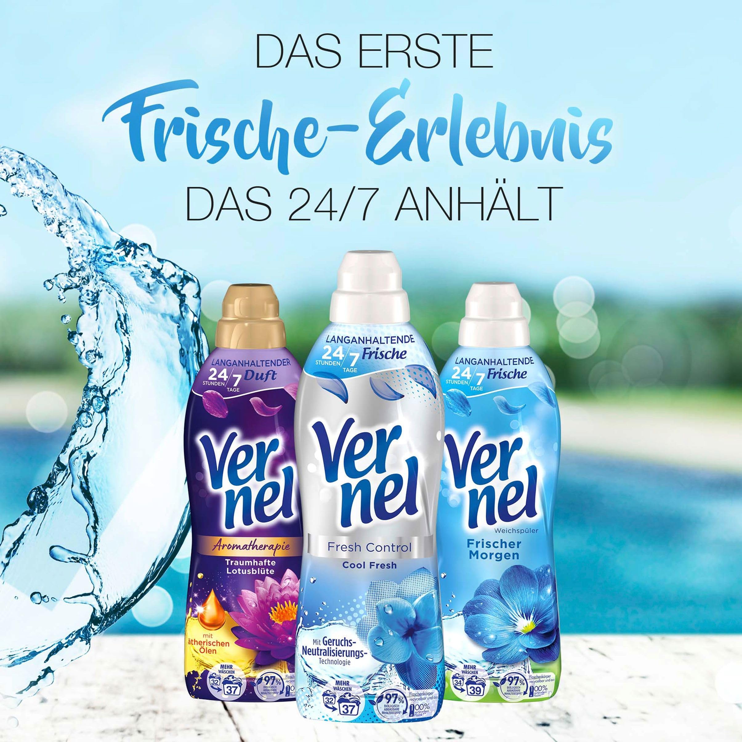 VERNEL Fresh Control Cool Fresh płyn do płukania 6 x 37 WL (222 prania), zapach prania zapewnia długotrwałą świeżość 24/7 z technologią neutralizacji zapachów, butelka nadająca się do recyklingu