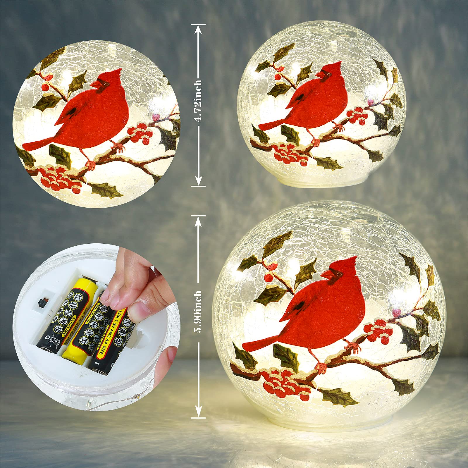 BERSCAH Glass Ball Light Crackle LED Night Light Red Birds Pattern Globe Glass Table Lamp, Orb Cardinal Night Light for Outdoor Decorations Pathway Patio Yard Lawn Bedroom - 2 Pack