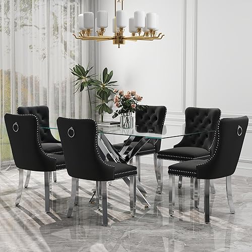 Miniatura 41 de Juego de comedor de cristal de lujo plateado de 5 piezas, juego de mesa de cocina minimalista moderno para 4 personas, juego de comedor con negro +