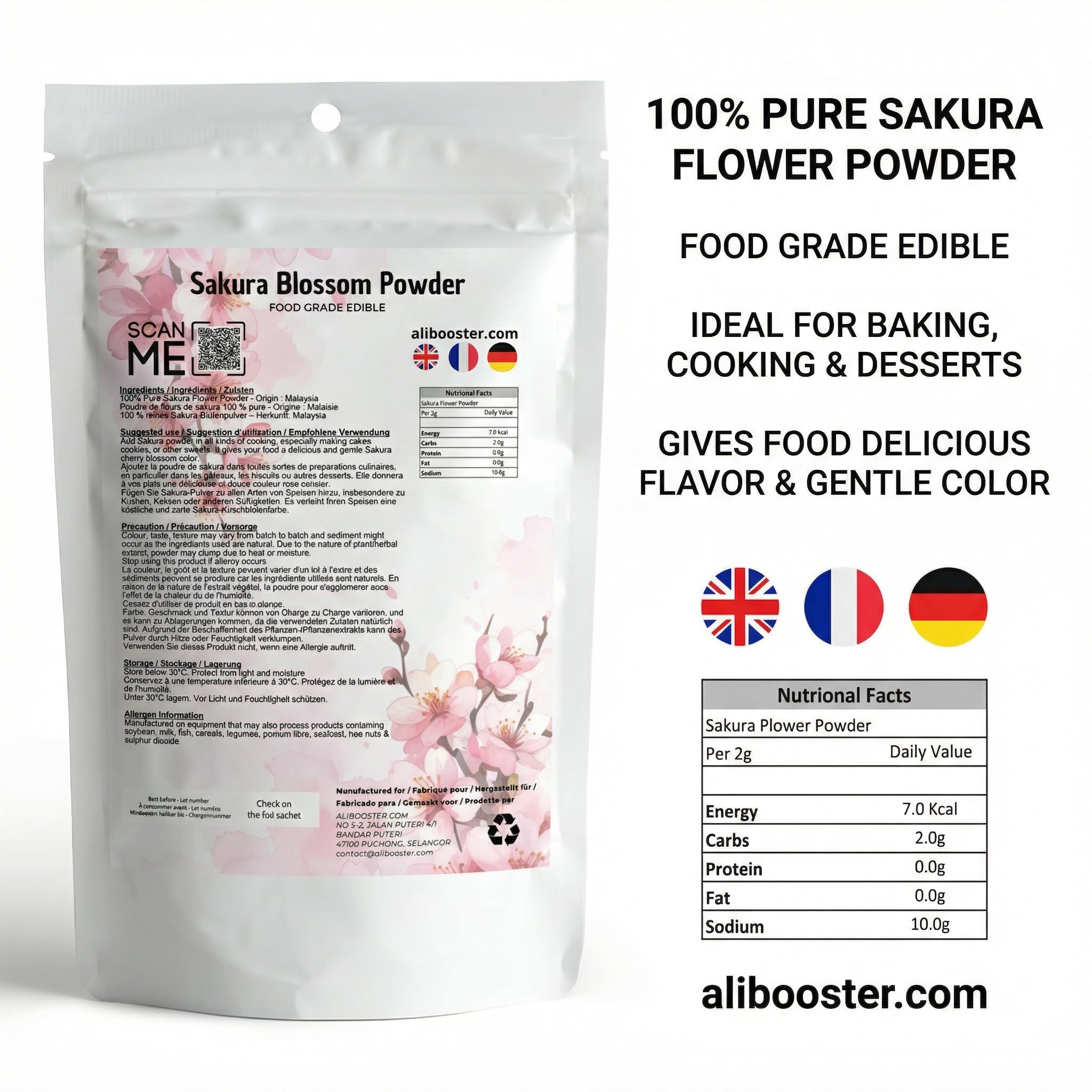 Poudre de Sakura Blossom 250 g - Fleur de Cerisier en Poudre - Qualité Alimentaire - Ingrédient Naturel pour Pâtisserie, Boissons et Desserts Japonais