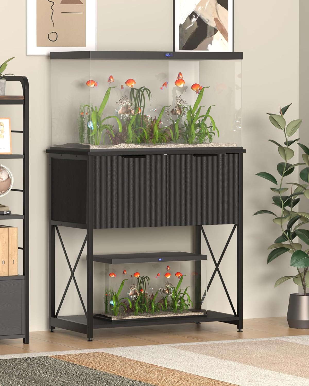 Piskyet 20-29 Gallon Fish Tank Stand, Metal Frame Aquarium Stand, Cabinet for Fish Tank Accessories Storage，Suitable for Turtle Reptile Tank Stand Terrarium Stand,340Lbs,Black