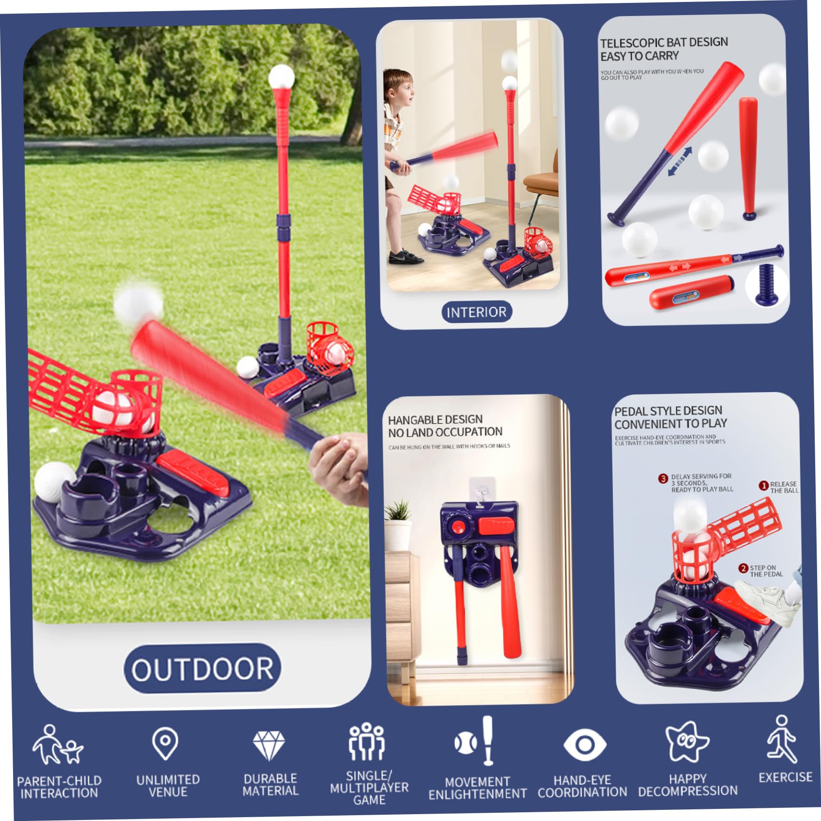 Tee Ball Set, 3-en-1 Tee Tee Popper Set avec Machine à Lancer, frappeurs réglables, Batte de Baseball rétractable ＆ 4 balles, Popper pour Les Cadeaux pour Enfants, Jouets