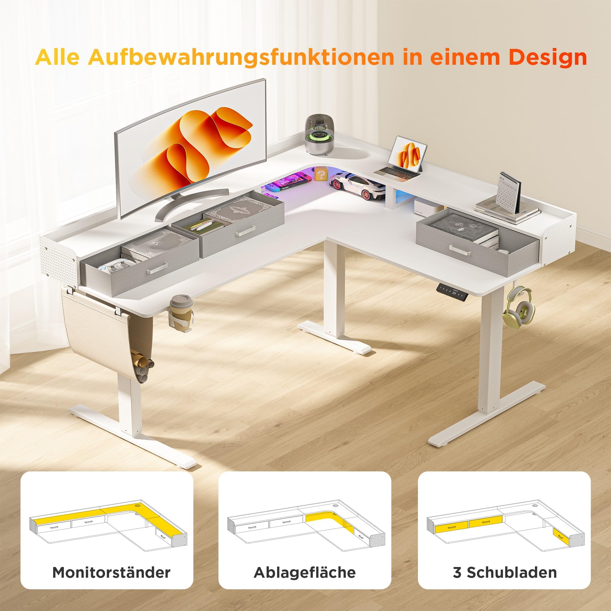 WALKINGDESK Scrivania elettrica regolabile in altezza, a forma di L, 160 x 140 cm, scrivania angolare regolabile in altezza con 3 cassetti, scrivania per computer, per ufficio, ufficio, gamer, bianco