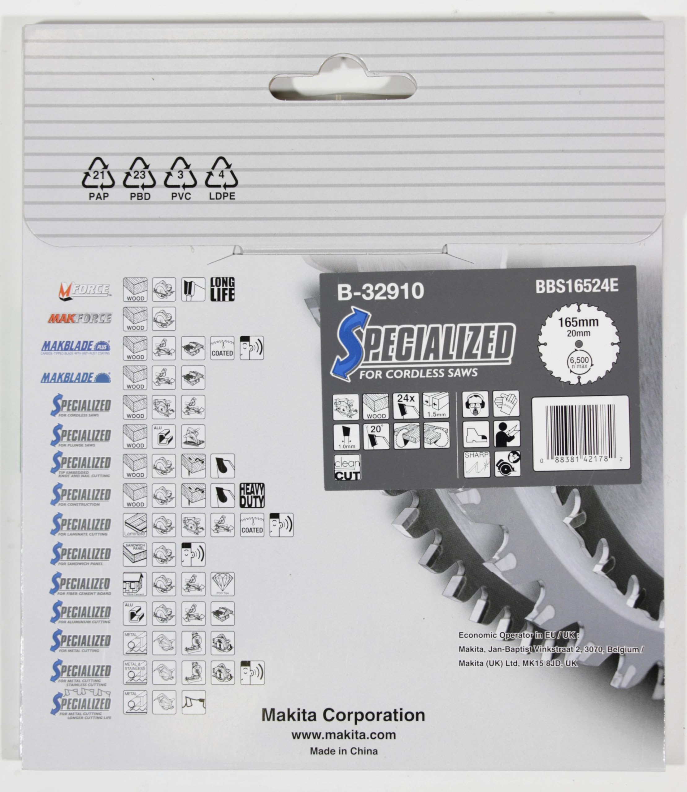Makita B-32910, Lama per sega specializzata, 165 x 20 mm