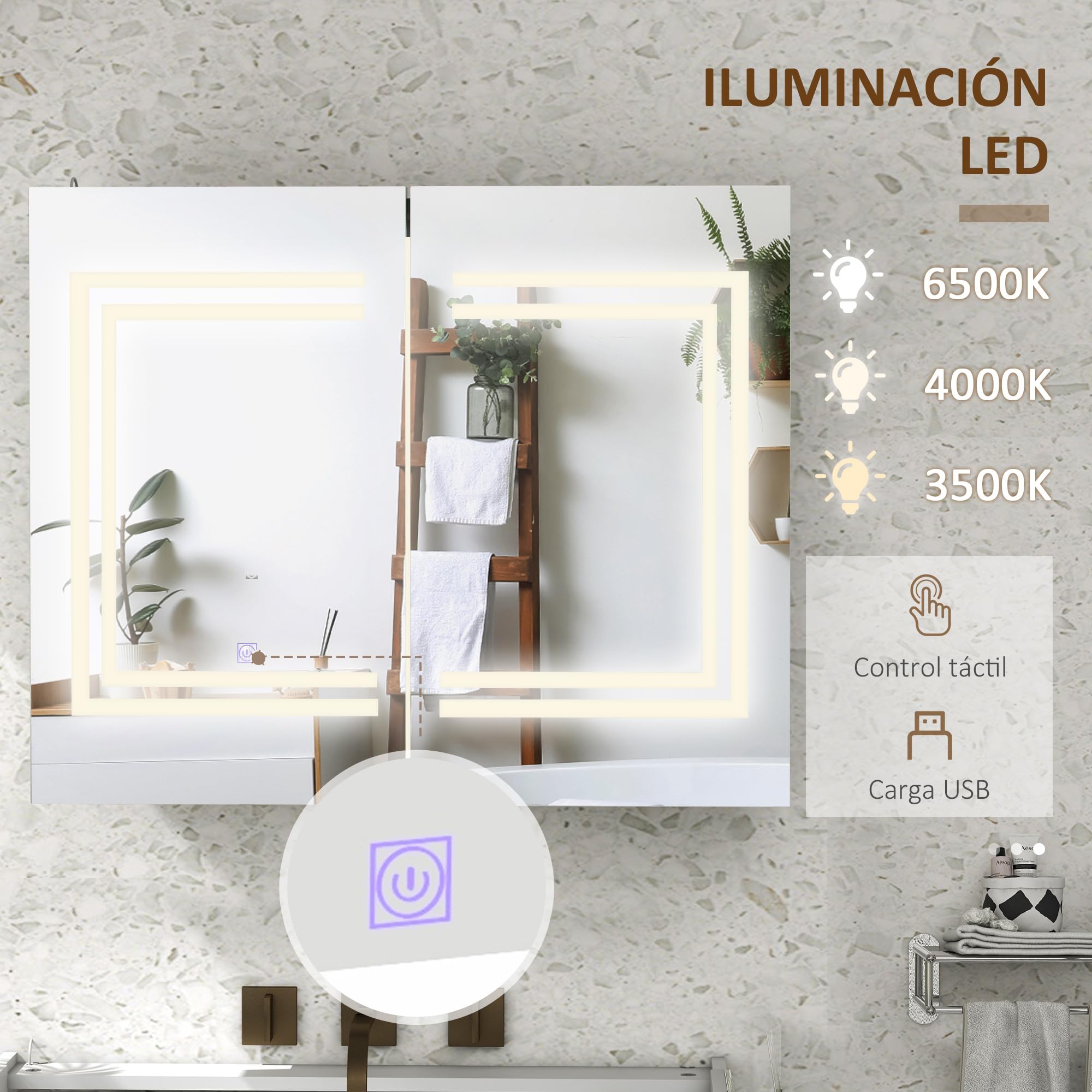 kleankin Armario de Baño con Espejo LED 80x15x65 cm Blanco Brillante | Camerino de Baño, Color de Luz Ajustable, 2 Puertas, Estantes Ajustables, Interruptor Táctil