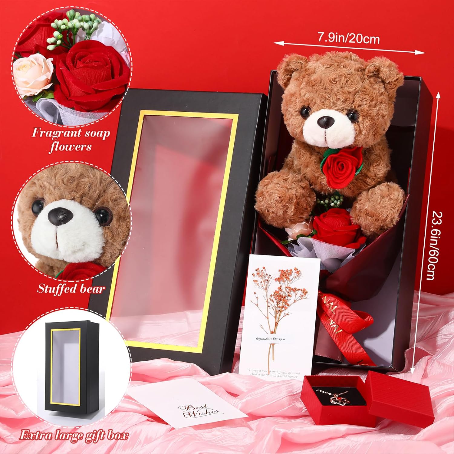 Bear Flower Bouquet for Women 15in Rose Plush Bear Box Artificial Bouquet Necklace and Card for Graduation Anniversary Mother's Day Girlfriend Gifts(Red,Rose)