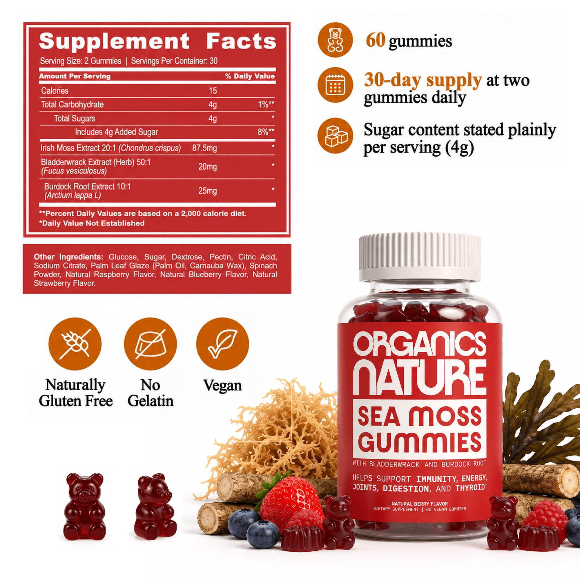 ORGANICS NATURE Irish Sea Moss Gummies, Bladderwrack Burdock Root, 60 Ct — Amazon image 4