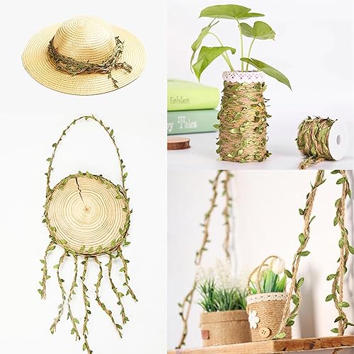 Miniatura 6 de Cinta de hoja de arpillera, 2 rollos de 66 pies en total de 0.197 in, cordel de yute natural con hojas verdes artificiales, enredaderas decoradas