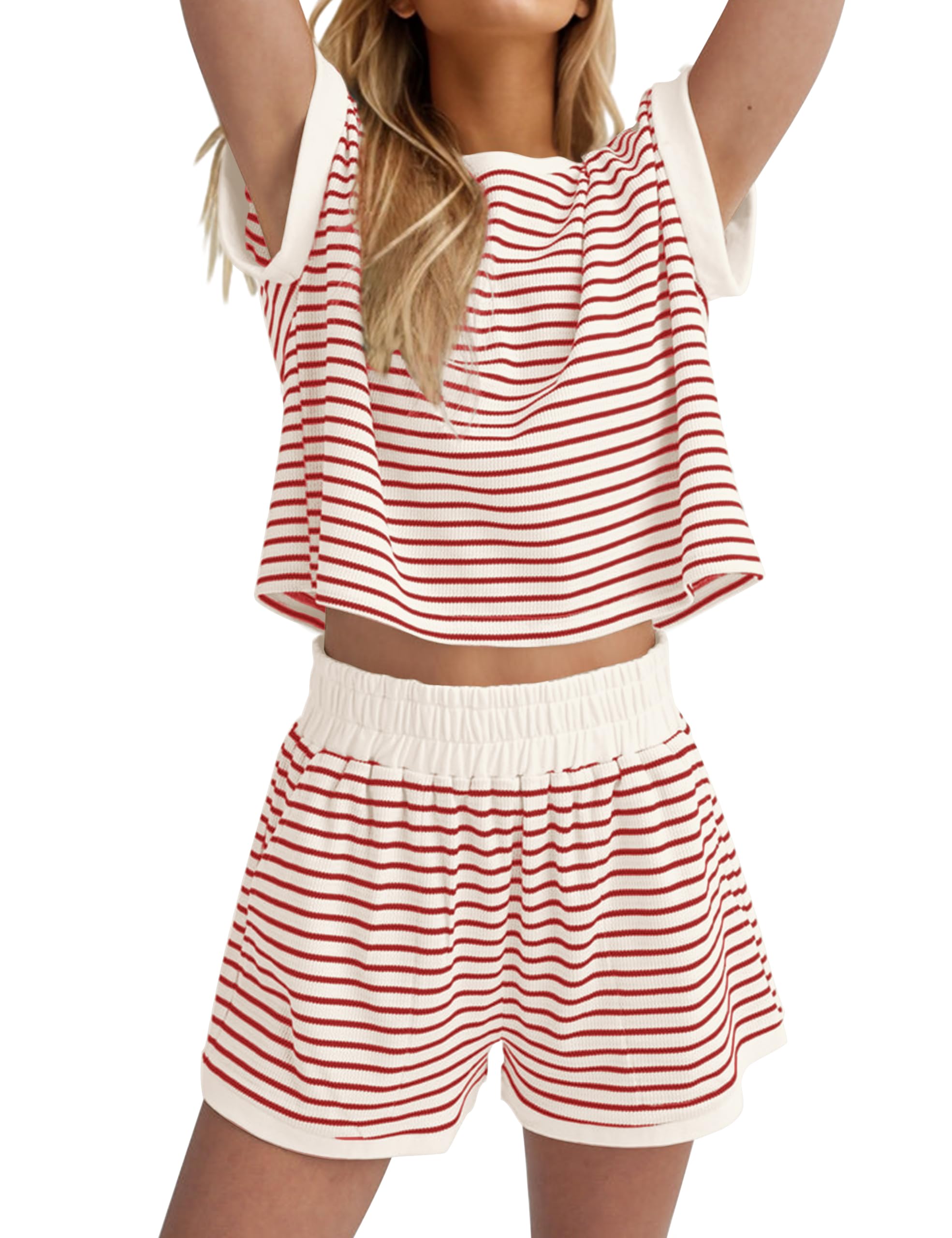 Burtell Women Summer 2 Piece Lounge Sets Striped Short Sleeve Tee Shirts Mini Shorts Loungewear Shorts Set Ribbed Pajama Set