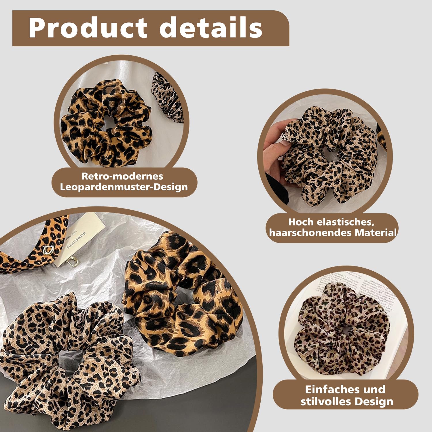7 Pieces Leopard Print Silk Retro Elastic Ponytail Hair Bobbles Hair Accessories - Image 4