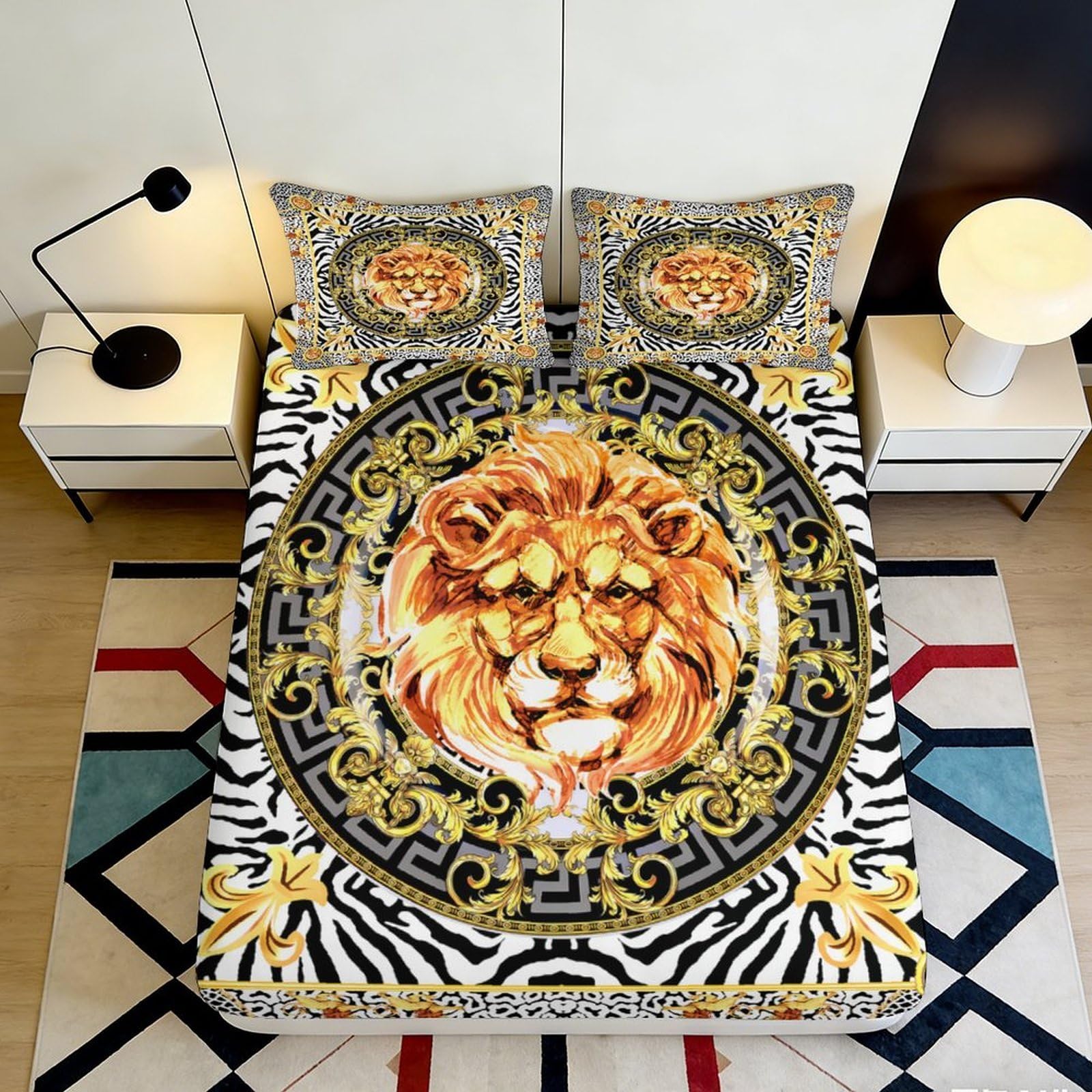 3D Printed Lion Head Fitted Sheet Microfiber Soft Anti-Slip Golden Baroque Mattress Cover for Bedroom Dorm Decor 90x200x25cm