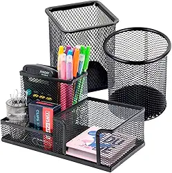 Porta Caneta Organizador de Mesa Escritório Metal Aramado Com Divisórias Para Clip Lápis Bloco de Notas Tesoura Borracha (Preto)