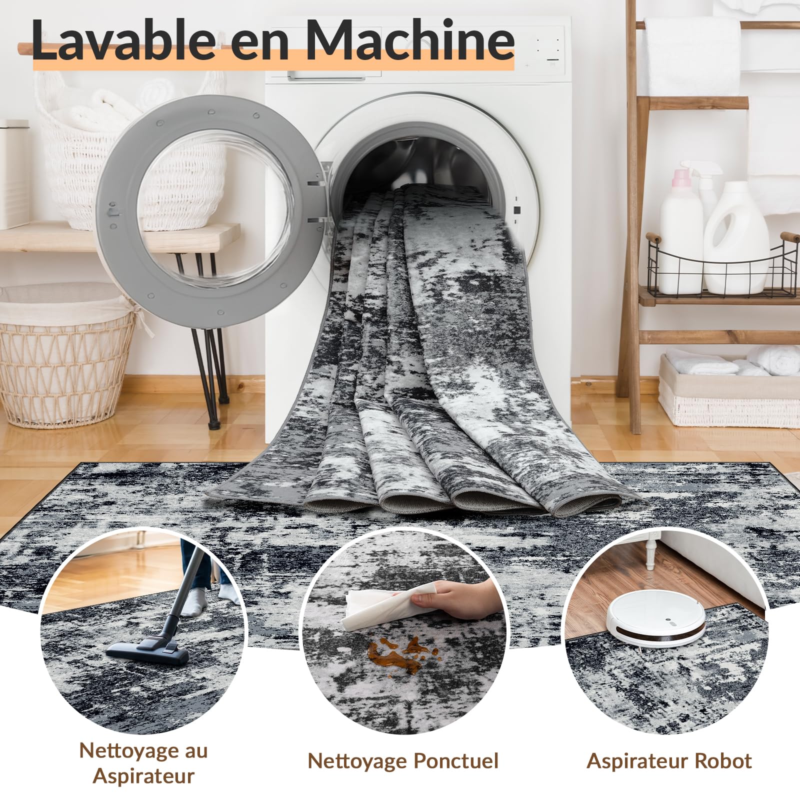 INOVADAY Tapis de Salon Lavable en Machine 120x180 cm Abstrait à Faible Poil Antidérapant Adapté à l'aspirateur avec Motif Imprimé Tapis Chambre, pour la Le Bureau à Domicile Noir/Gris/Bleu/Blanc