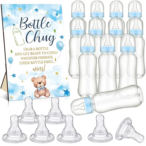TrelaCo Cool Baby Shower Games Bottle Chug Sign Wooden Blue Bear Theme Gift Sets Gender Reveal Party Favors y 12 piezas Baby Shower Favor para