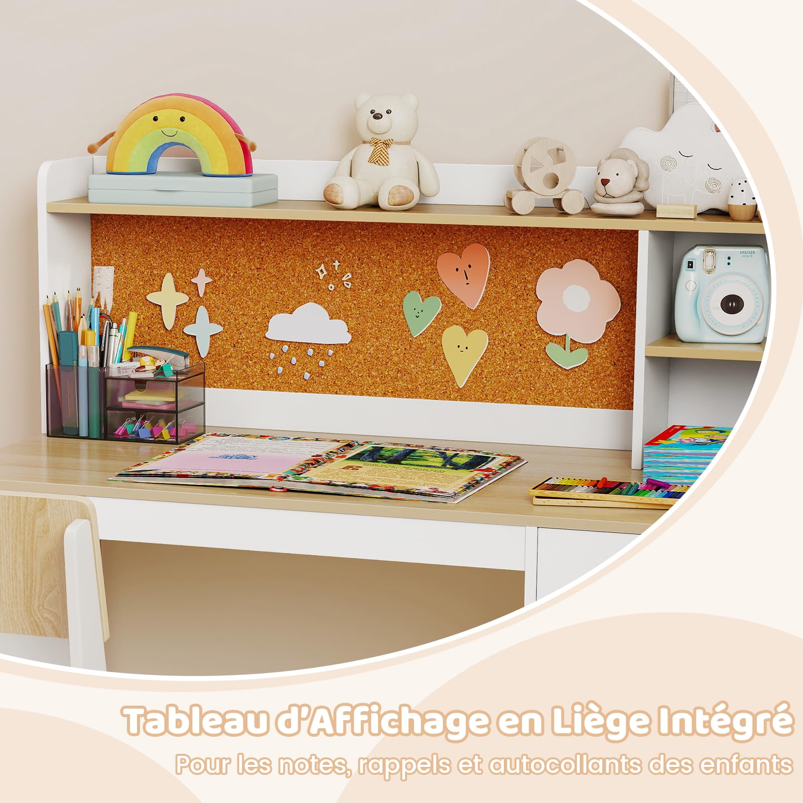 DREAMADE Bureau Enfants, Table d'Étude avec Chaise, Étagère, Tableau d'Affichage, Tiroir, Armoire pour Lecture, Dessin, Bricolage, pour Salon, Chambre d'enfant (Naturel)