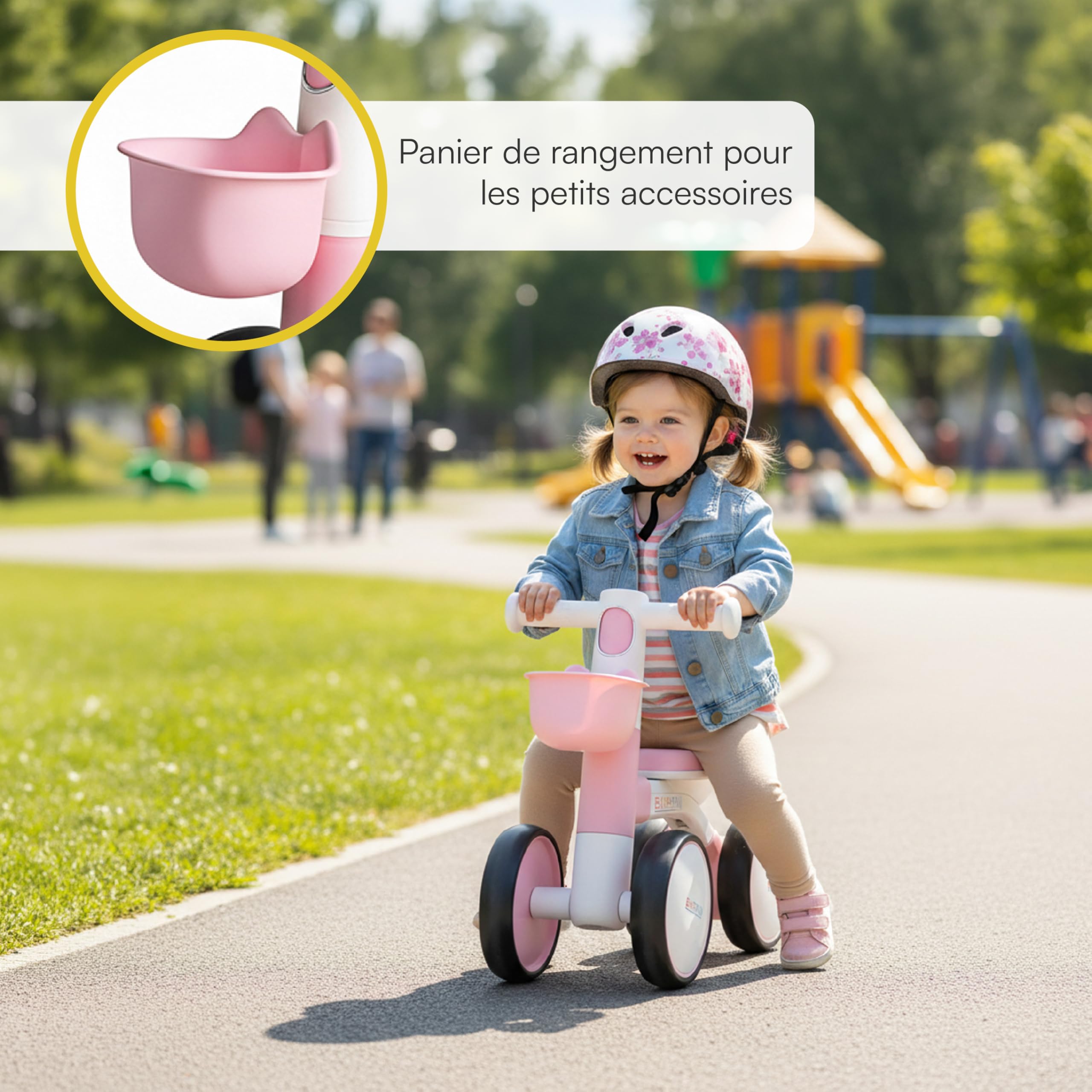Baroni Toys Bici Senza Pedali Rosa a 4 Ruote per Bambini dai 3 Anni, Primi Passi con Luci e Suoni, Cestino Portaoggetti, Balanced Bike, Ideale per Sviluppo Motorio e Coordinazione, 55x22x42cm