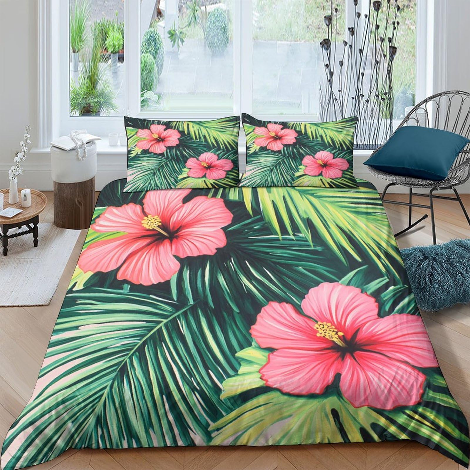 GPLZQXKJNH 3D Printed Tropical Hibiscus Duvet Cover Set Microfiber Soft Breathable Palm Leaves Bedding with 2 Pillowcases for Bedroom Single（135x200cm）