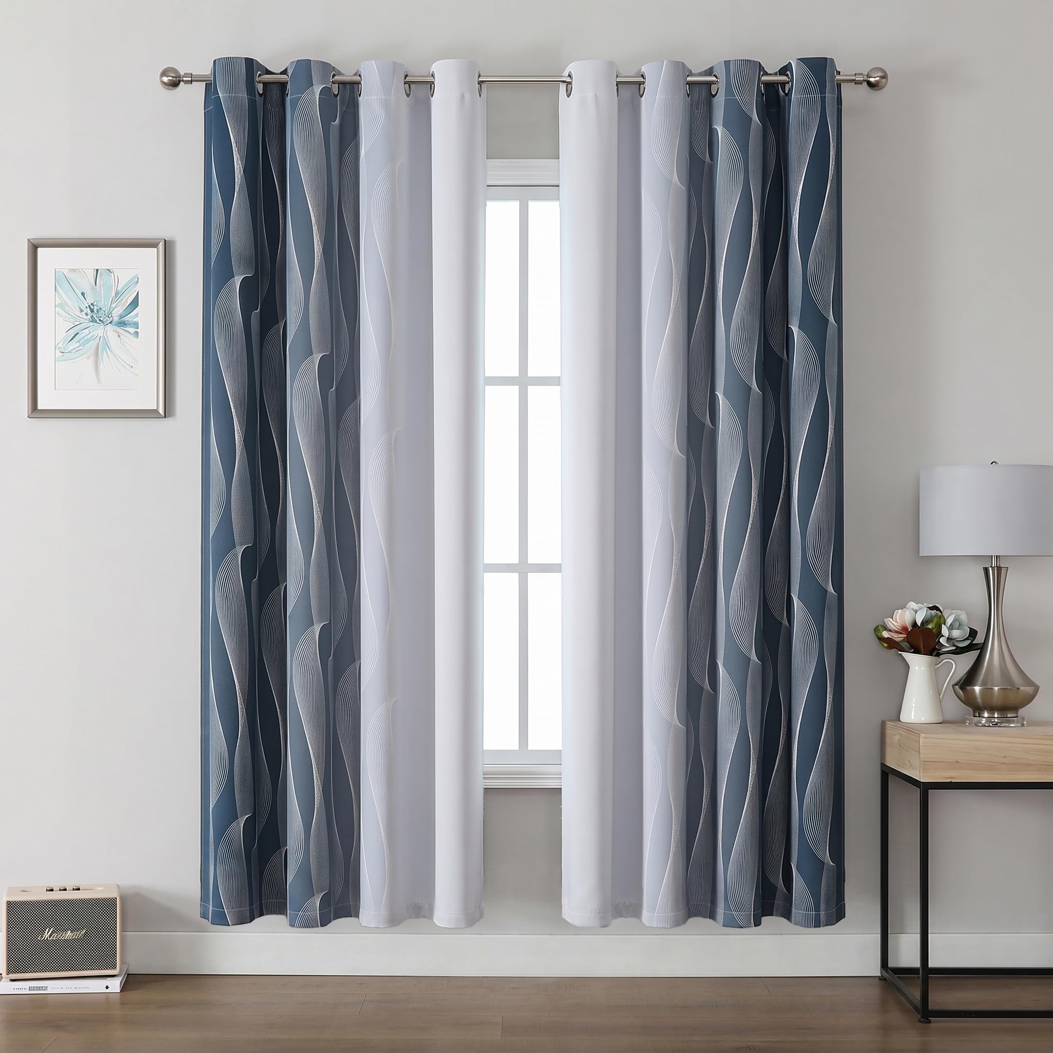 Gazal Vole Ombre Room Darkening Curtains â Modern Gradient Eyelet Drapes with Wave Line Pattern, 80-90% Darken Light Window Treatment for Living Room Bedroom & Office (Blue+White) 52x72 inch â image 1