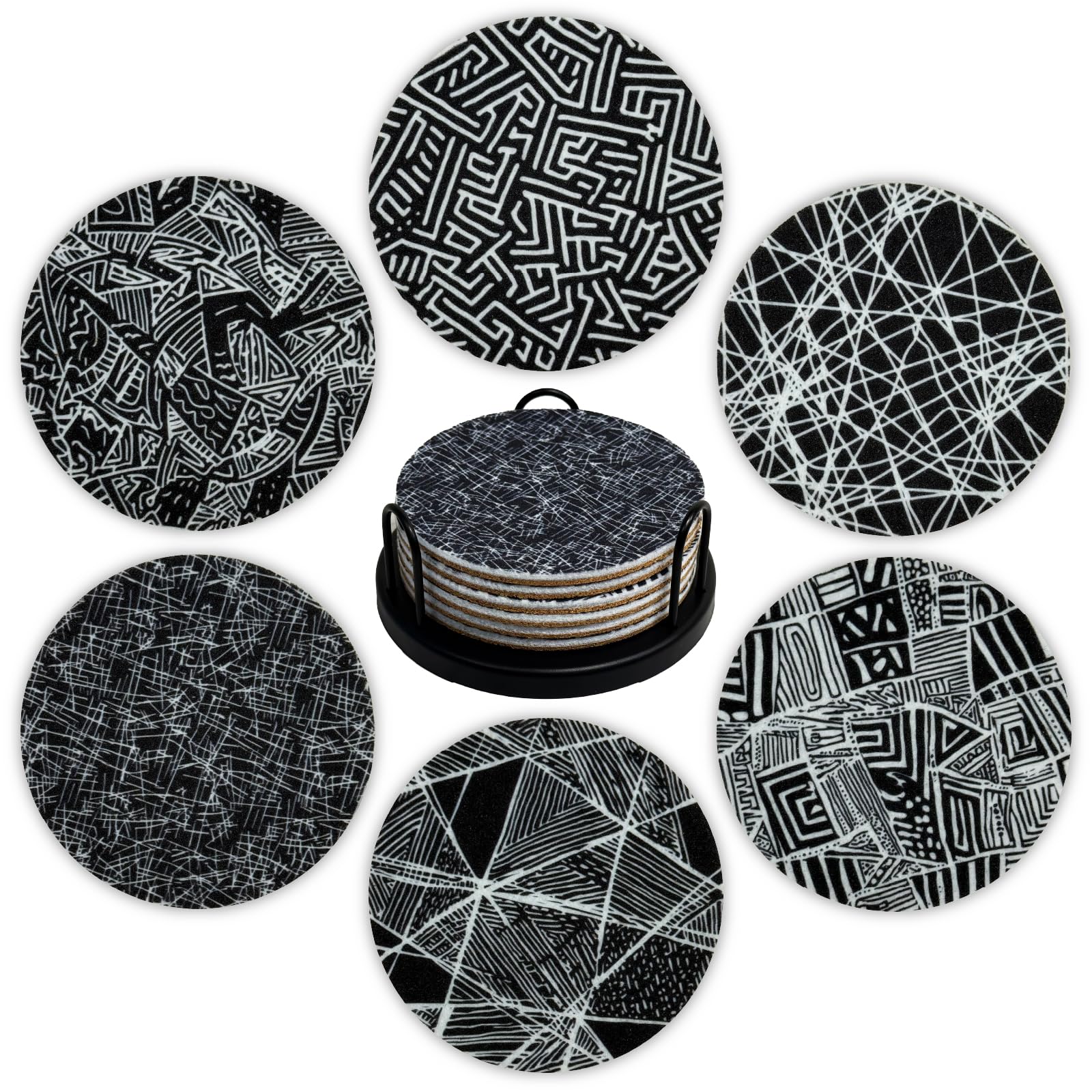 Monochrome Geometric Felt Coasters Set of 6, Round Absorbent Drink Coasters, Non-Slip Cork Backing, Removable Holder