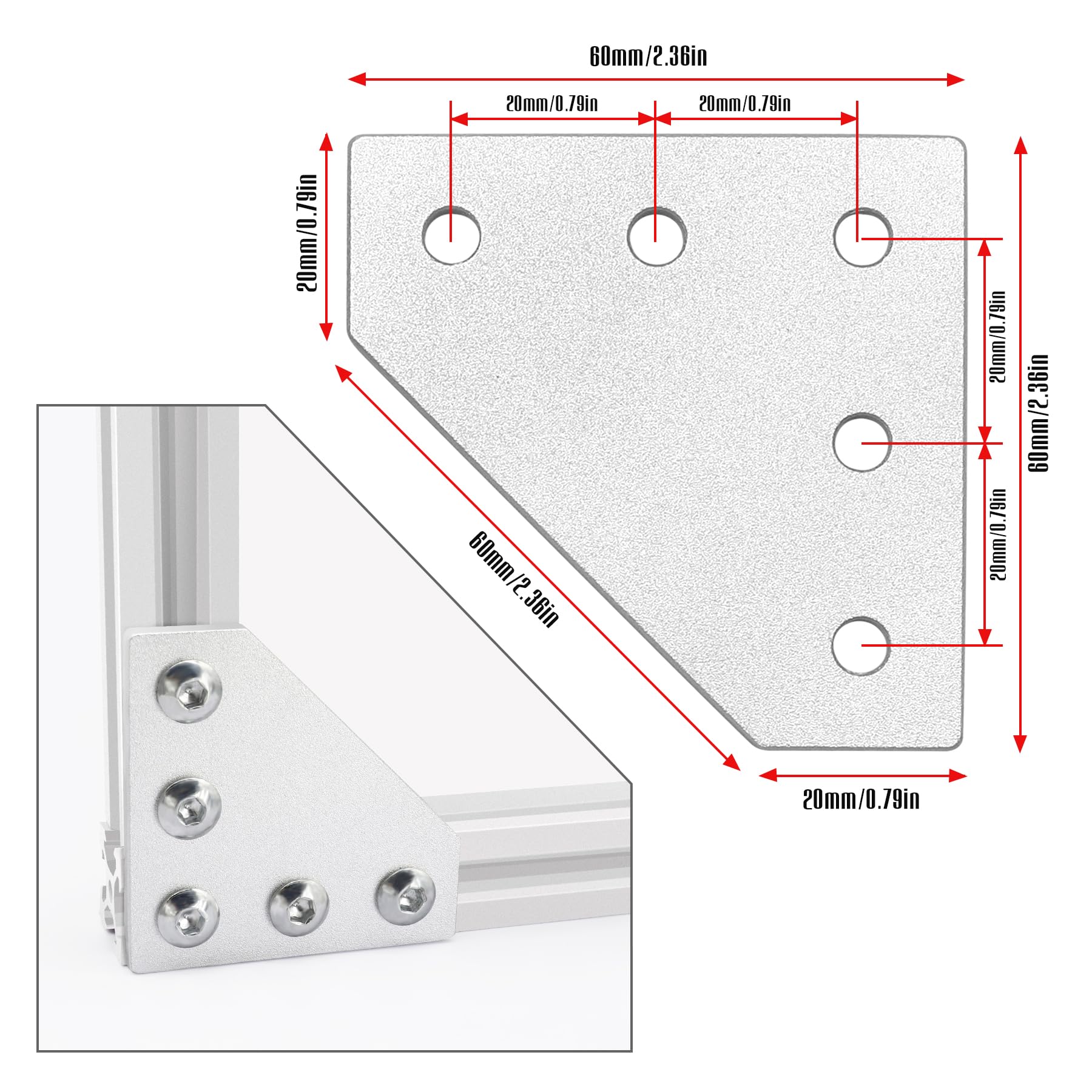 Pack of 10 Silver L-Shaped Corner Bracket Connection Plate with 50 Pieces M5 T Nuts + 50 Pieces M5 Screws + 1 Piece Wrench for Standard Aluminium Extrusion Profile with 6 mm Slot 2020 - Image 4