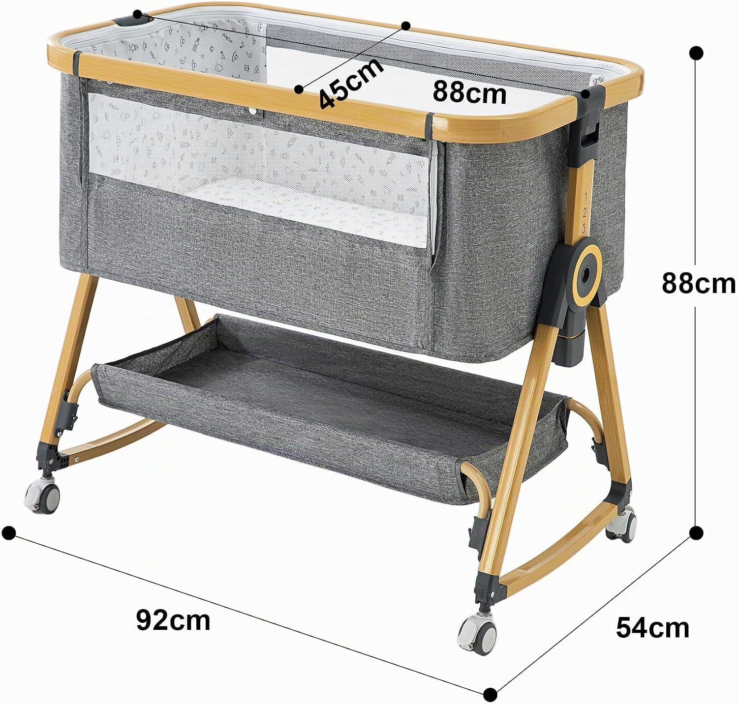 GLOKID 3in 1 Baby Beistellbett Reisebett, Babybetten, Mit Rollen, Sechs Ebenen Stufen Höhenverstellung, Wiege, Höhenverstellug und Einstellung der Neigung der Matratze (Grau)