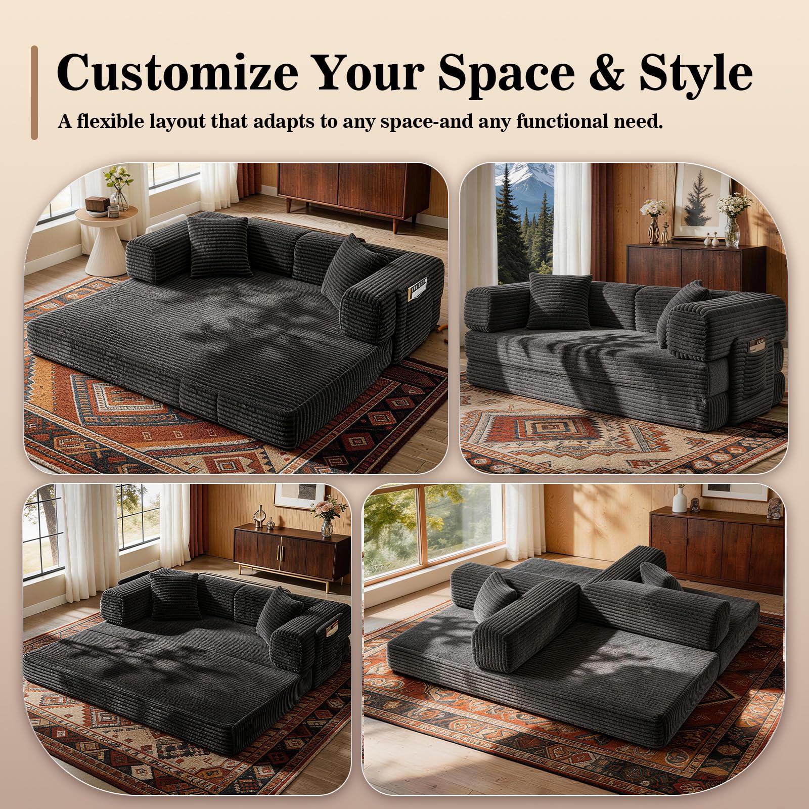 AUGOP Futon Sofa Bed Boneless Couch for Living Room,Pull Out Couch with Sleeper Sofa,Day Bed Couch with Storage Pocket,Removable Corduroy with 2 Pillow