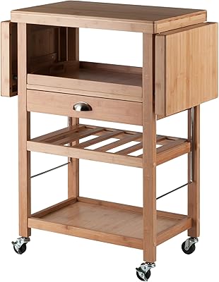 Amazon Com Amazon Basics Kitchen Island Cart With Storage Solid Wood Top And Wheels Natural White