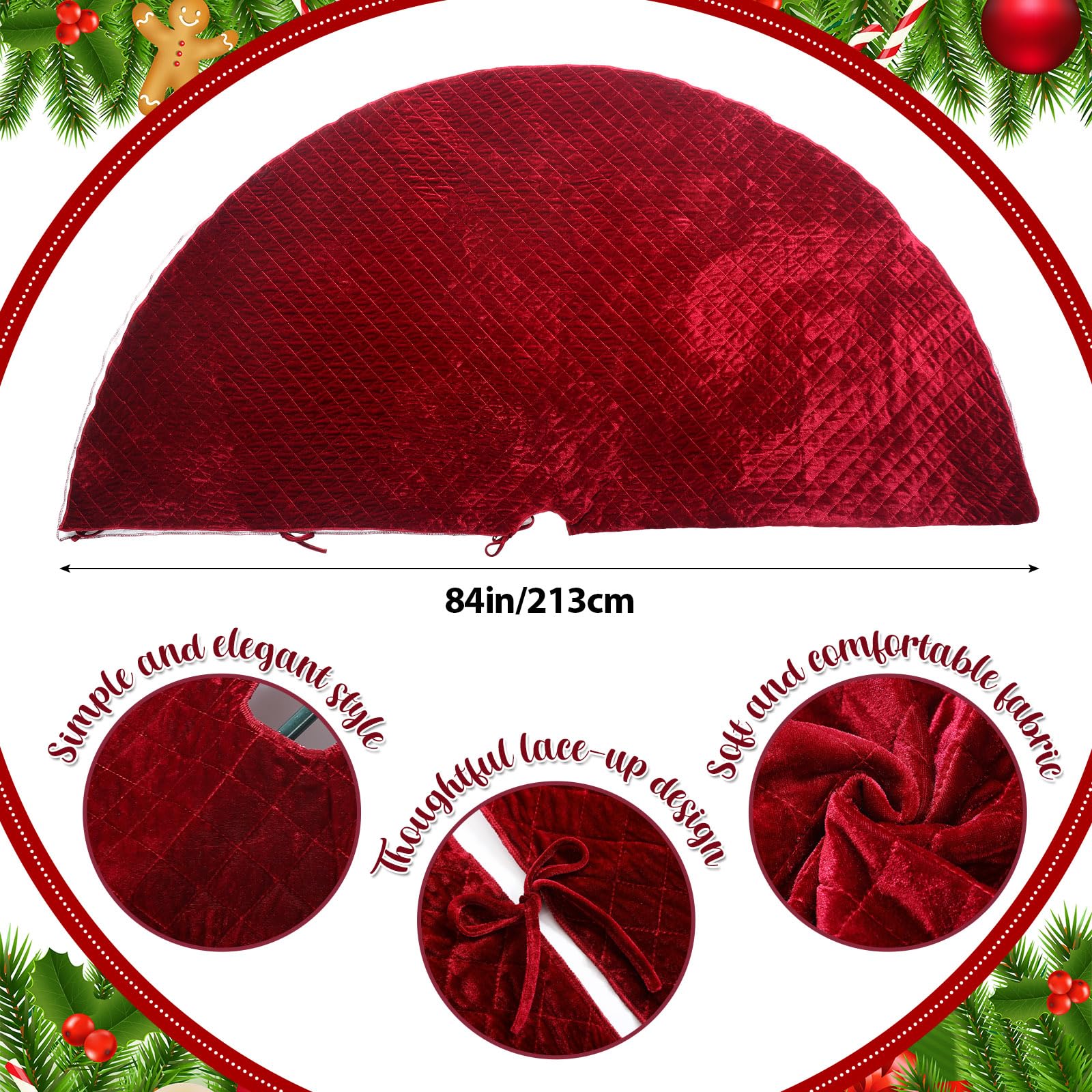 Vertintong 84 Inch Large Christmas Tree Skirt Deluxe Red Velvet Christmas Tree Skirt with Quilted Cuff for 12ft Christmas Tree Decorations Xmas Home Winter Holiday Party Decorations