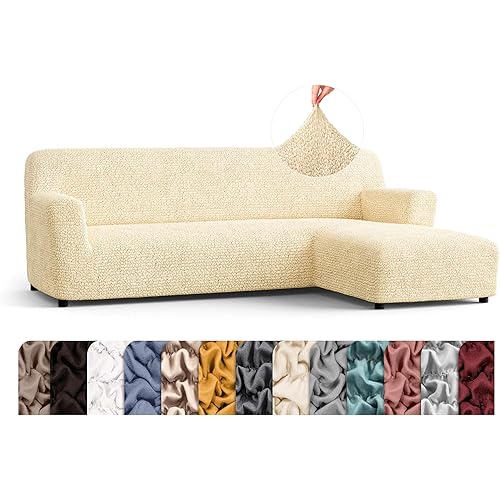 PAULATO BY GA.I.CO. Sectional Couch Cover - Chaise L-Shape Sofa Slipcover - Washable Corner Couch Covers - 1-Piece Form Fit Stretch Cover - Microfibra Collection - Cream (Right-Facing Chaise)