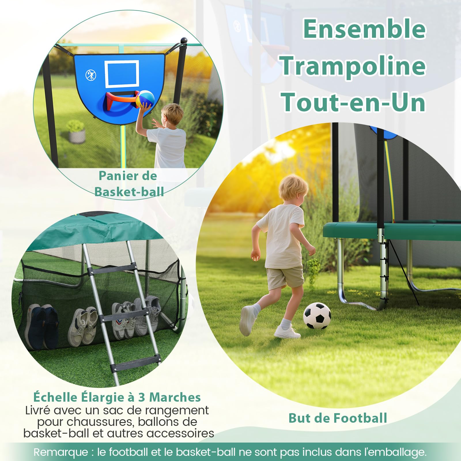 COSTWAY Trampoline Exterieur Enfant Adulte 317x255 cm, Panier de Basketball, But de Football, Échelle, Trampoline Rectangulaire, 68 Ressorts, 2 Portes Zippées, Boucles de Sécurité, pour 3 Ans+