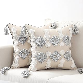 Housse de Coussin Boho Décoration de Gland, Housse de Coussin Décorative Taies d'oreiller en Coton Coussins de Canapé Taie d'oreiller pour Canapé Chambre Salon 45x45cm 2 pièce