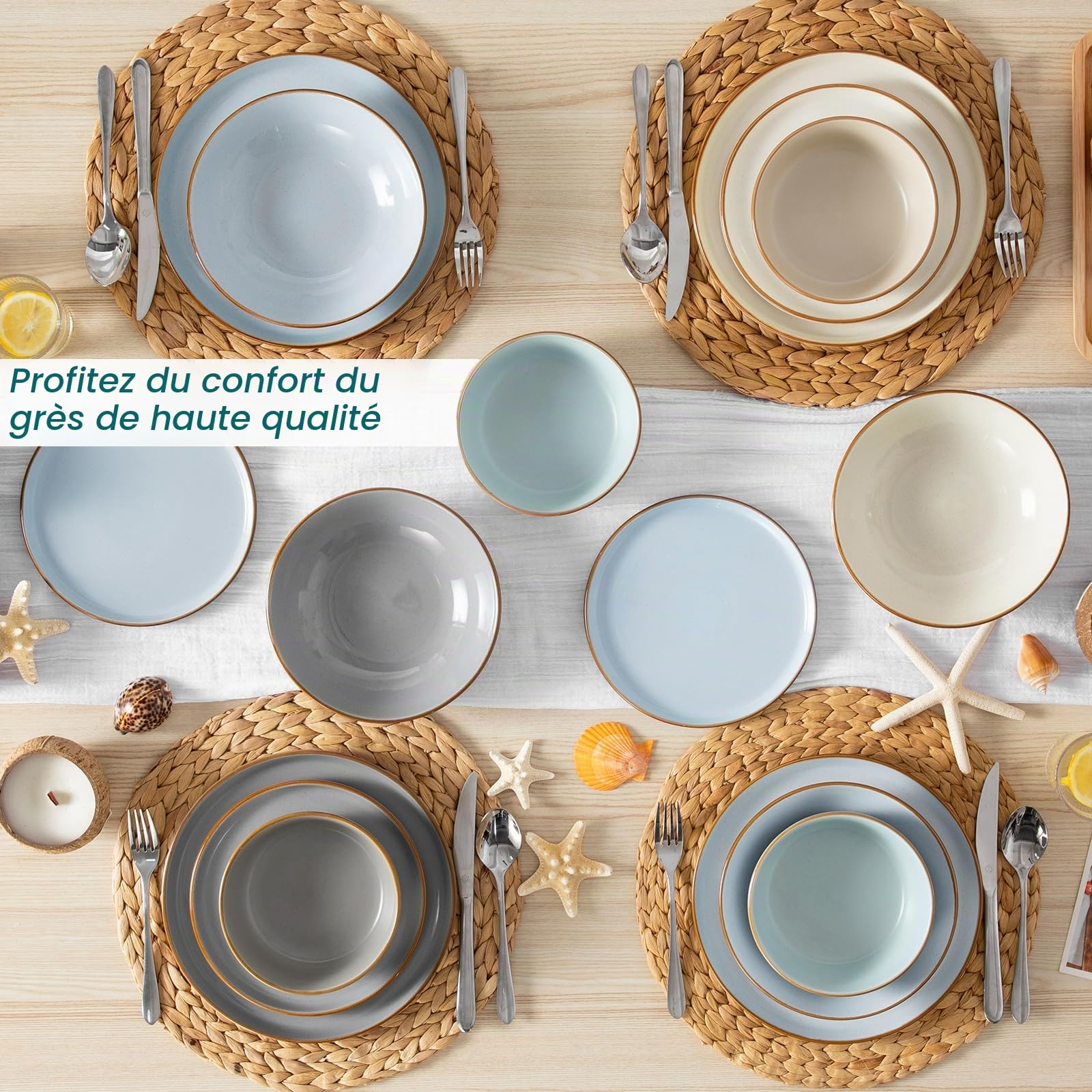 vancasso RENO Assittes Service de table en faïence pour 6 personnes, 24 pièces, Grès - Assiettes Plates, Dessert, Bols - Adapté au Micro, 3 Couleurs Bleu/Gris/Beige, 2 de chaque