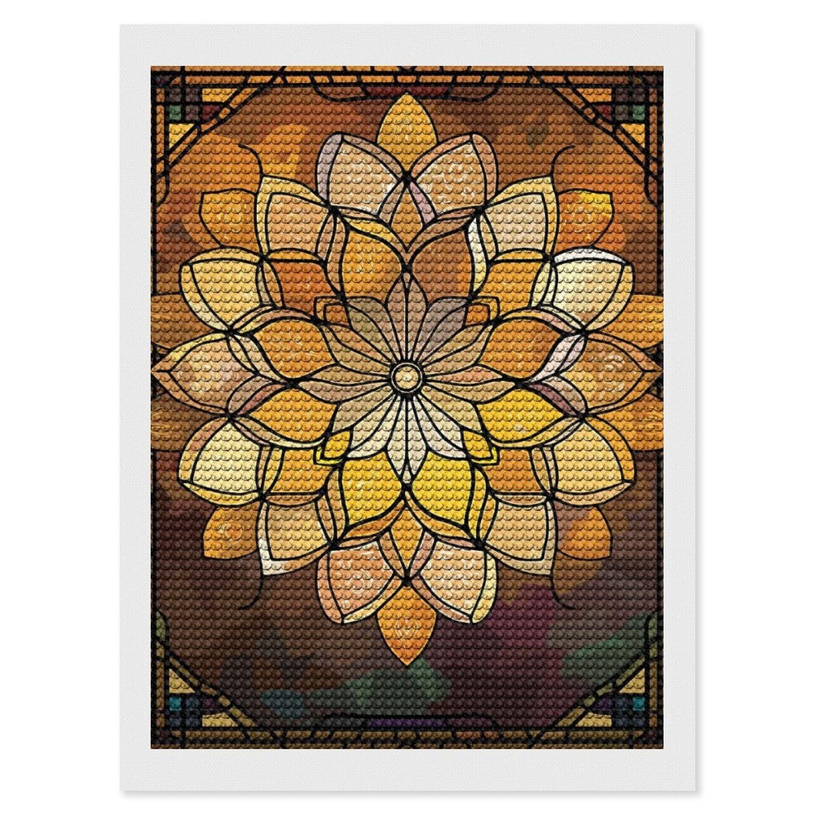 Junmoney Golden Floral Stained Glass Mandala Round Drill Diamond Painting 12"x16", for Craft Lovers, Stress Relief Craft, Bedroom Decor, Festive Craft Gift