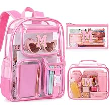 3 Pcs Clear Pink Backpack for Girls with Lunch Bag Letter M
