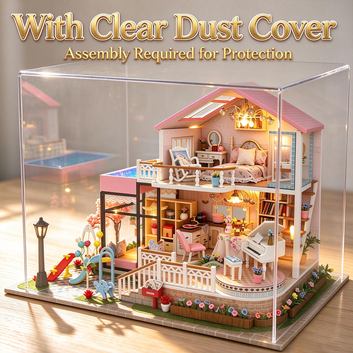 Diorama Maquette de construction avec housse anti-poussière pour maison de poupée miniature à faire soi-même avec boîte à musique et lumières LED, mini maison de puzzle en bois 3D, modèle d'art