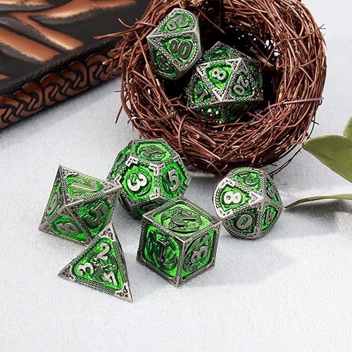 Miniatura 6 de PJOY Juego de dados de metal DND con diseño de dragón de cobre antiguo que respira fuego dados poliédricos DD con funda de dados para juegos de rol