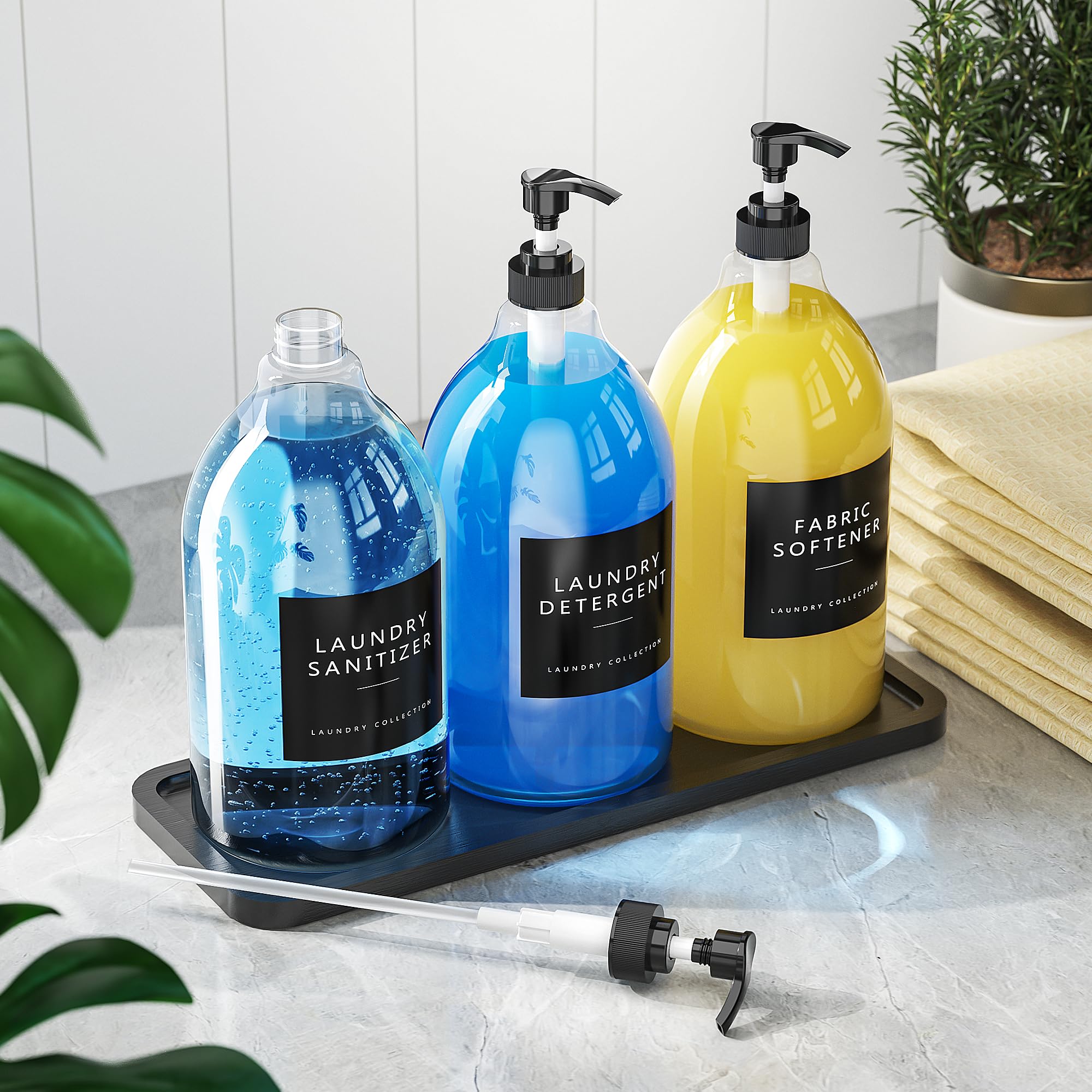 Condition photo showing New/Like New for moforoco 3 pack black liquid laundry detergent dispenser with bamboo tray, 64 oz plastic laundry soap dispenser, fabric softener dispenser with pump and labels for laundry room decor and organization