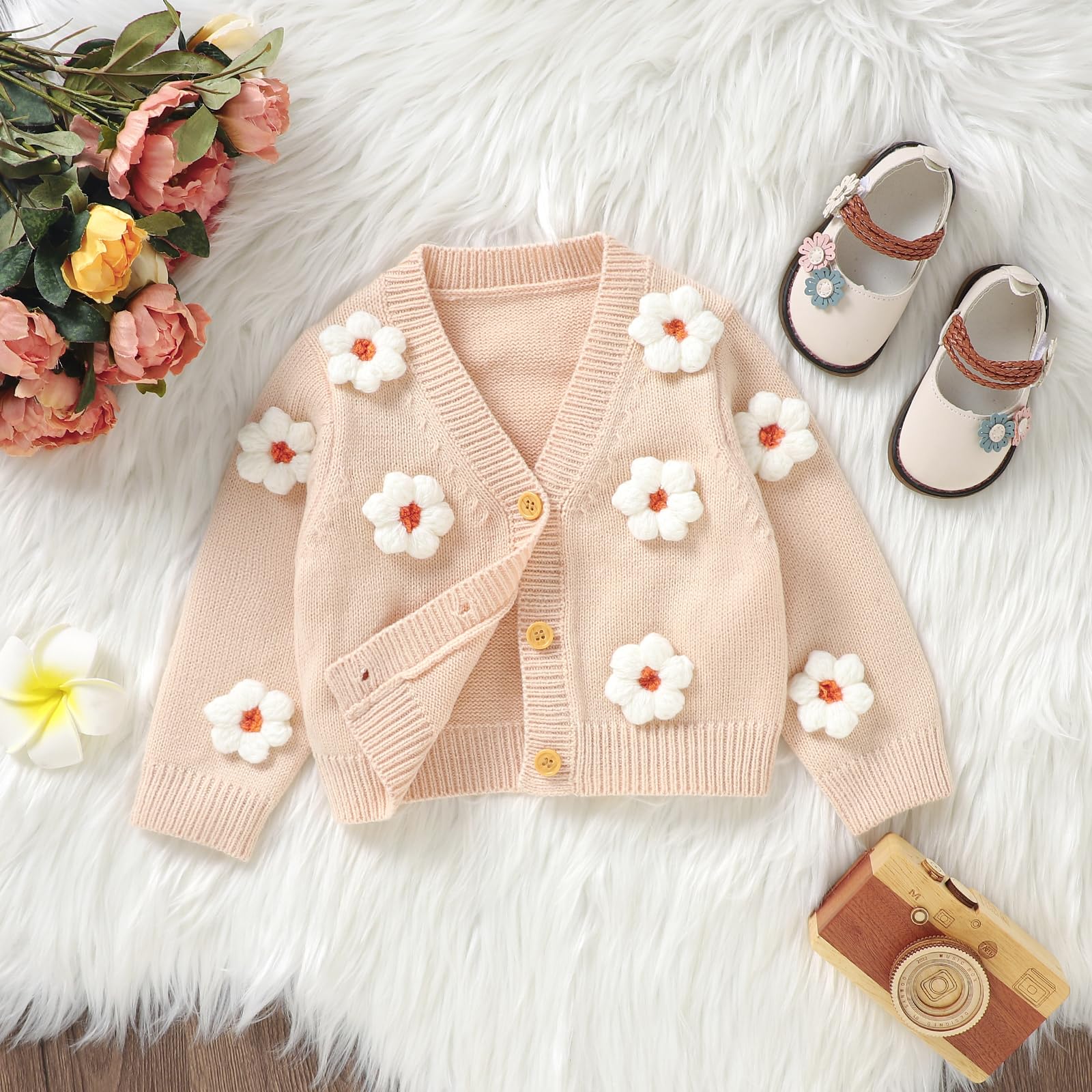 Honganda Cute Infant Baby Girl 3D Floral Cardigan Long Sleeve Button Up V-Neck Knitted Sweater Warm Fall Winter Coat (Apricot, 2-3 Years)