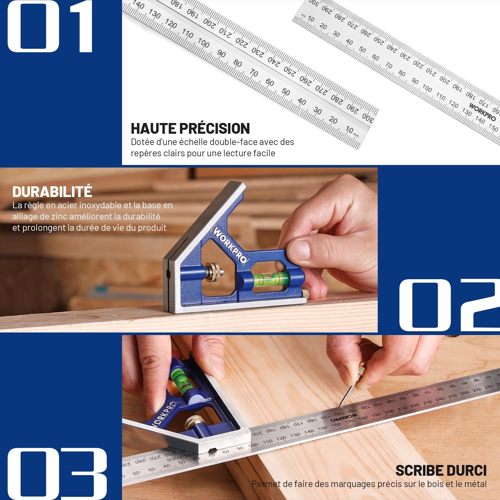 WORKPRO Equerre Menuisier 300 mm et Equerre Charpentier Triangulaire 180mm, Equerre Combinée avec Niveau à Bulle en Acier Inoxydable, Ensemble d'Outils d'Equerre pour Bricolage, Outillage, Menuiserie