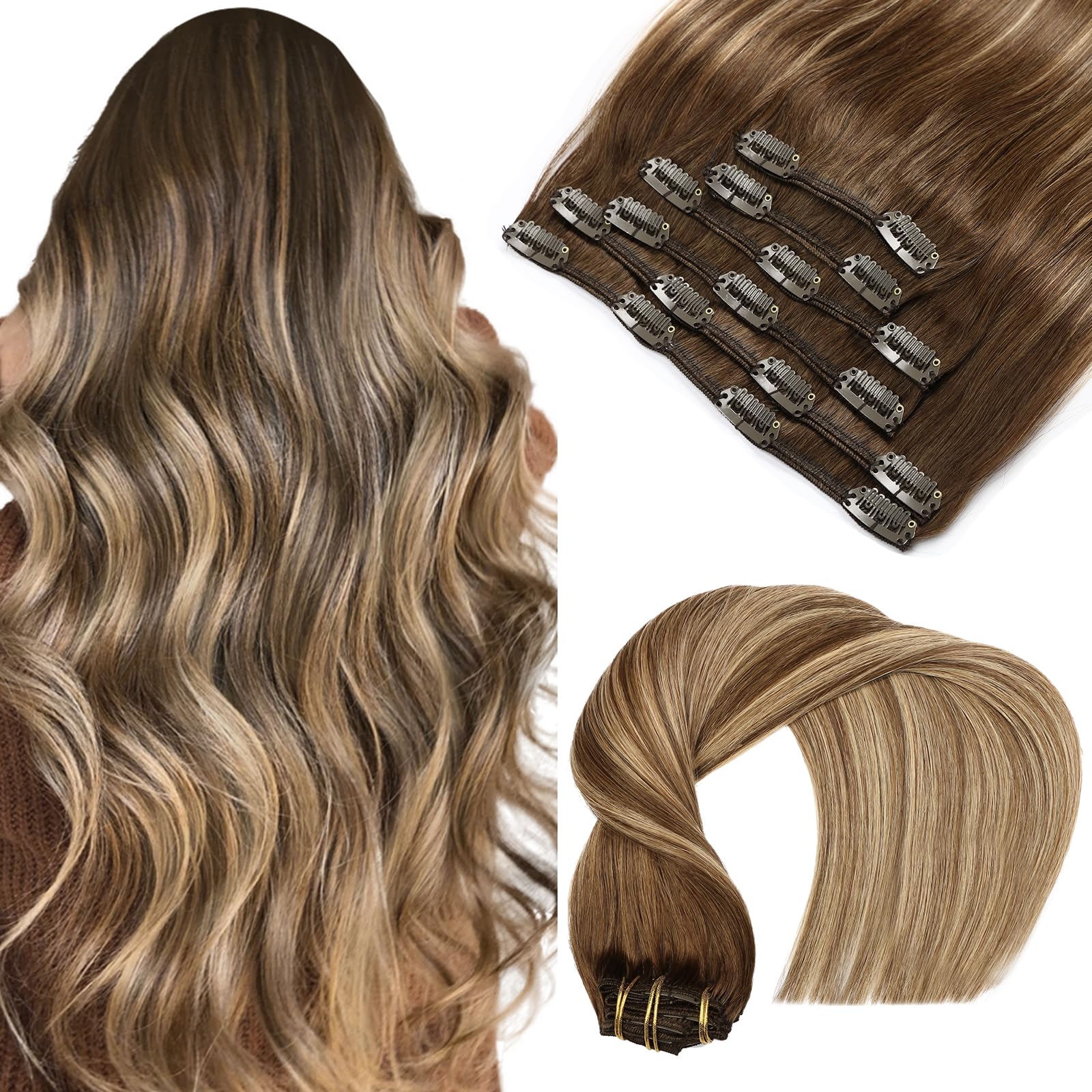 VINBAO Clip in Extensions Echthaar Balayage Remy Haarverlaengerung Echthaar #4/27/4 Dunkelbraun bis Karamellblond mit Blond 22 Zoll 120g 6Stück Doppelt Tressen (#4/27/4,55cm)