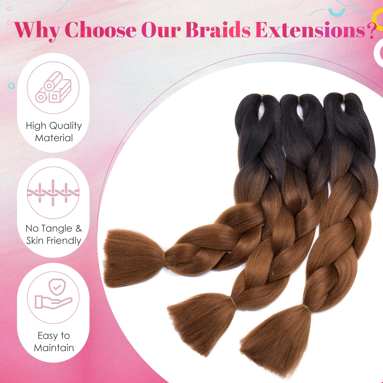 Benehair Braid Extensions 24 Inches Ombre Jumbo Braiding Hair Colorful Synthetic Hair Extensions for Braiding Black/Medium Brown Hair Extensions for Women(Black/Medium Brown - Image 4