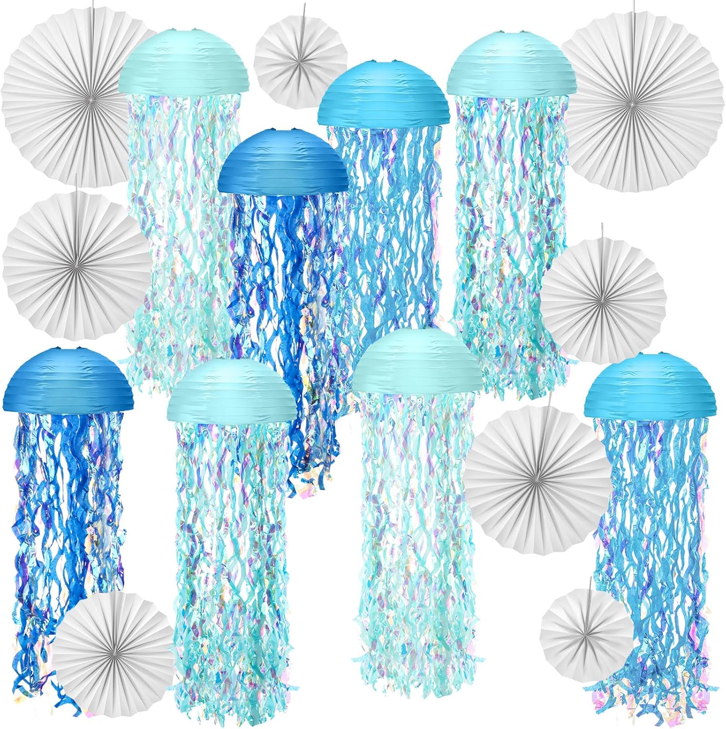16 Pcs Hanging Jellyfish Paper Lantern Set Includes Jellyfish Lantern Paper Folding Fan Bubble for Mermaid Birthday Sea Ocean Theme Parties Classroom Decorations (Macaron Colors)