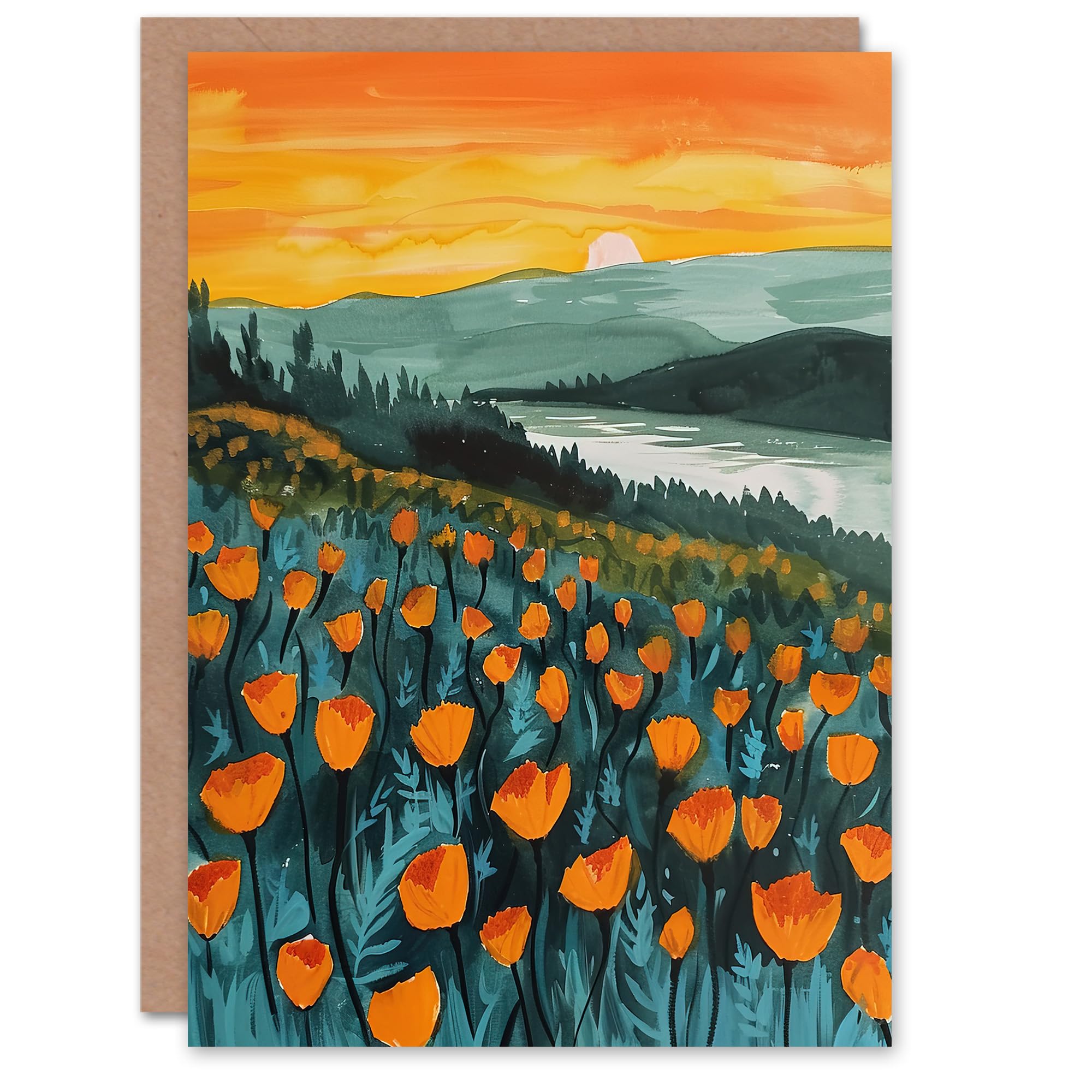 Artery8 Greeting Card Floral Shoreline California Poppies At Sunrise Blank For Him Or Her Art Birthday Card