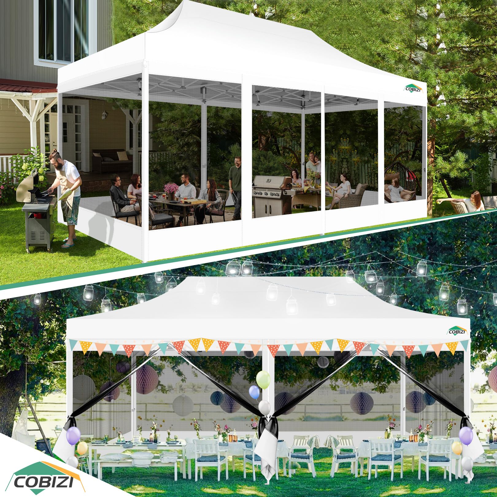 COBIZI Tente d'auvent de 25,4 x 50,8 cm avec 6 parois latérales, auvent escamotable Robuste avec moustiquaire, Tente moustiquaire pour fêtes, Mariages, extérieur, terrasse avec Sac à roulettes, Blanc